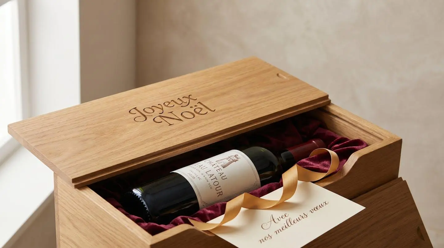 Coffret en chêne naturel ouvert montrant gravure laser, bouteille de Bordeaux Château Margaux dans écrin velours bordeaux, ruban satin doré et carte calligraphiée en français