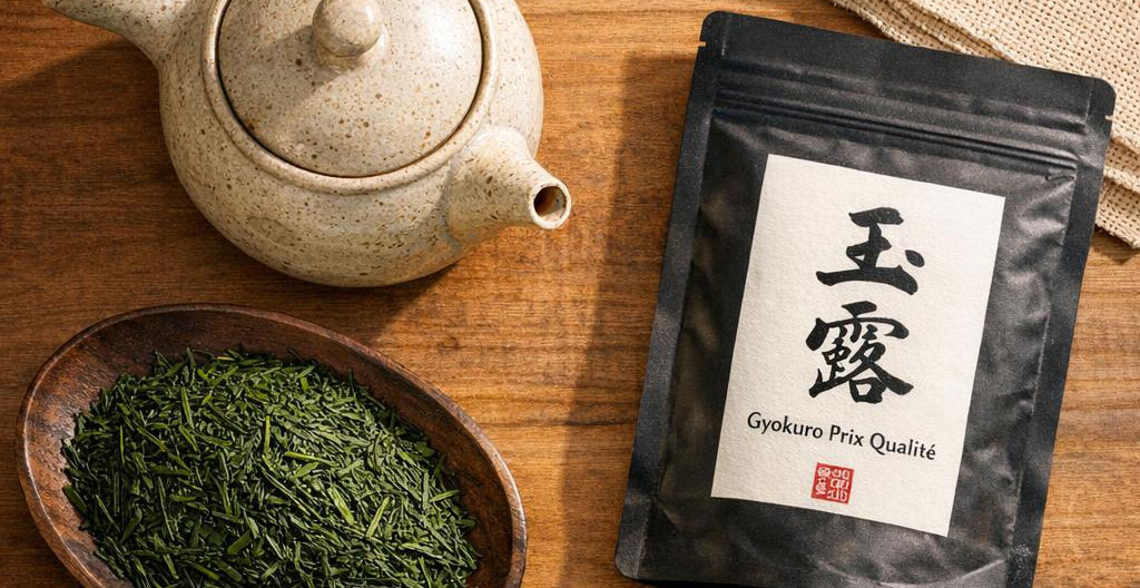 Plateau en bambou avec théière kyusu japonaise, bol yunomi, feuilles de Gyokuro vert intense et thermomètre affichant 55°C pour la préparation traditionnelle du thé