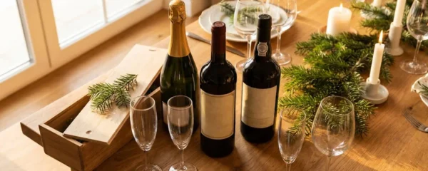 Table en chêne dressée pour Noël avec bouteilles de champagne Dom Pérignon, vin de Bordeaux et Porto vintage, verres Riedel en cristal, coffret bois ouvert et branches de sapin naturel, lumière dorée d'après-midi