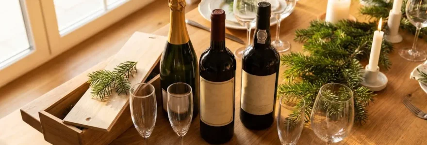 Table en chêne dressée pour Noël avec bouteilles de champagne Dom Pérignon, vin de Bordeaux et Porto vintage, verres Riedel en cristal, coffret bois ouvert et branches de sapin naturel, lumière dorée d'après-midi
