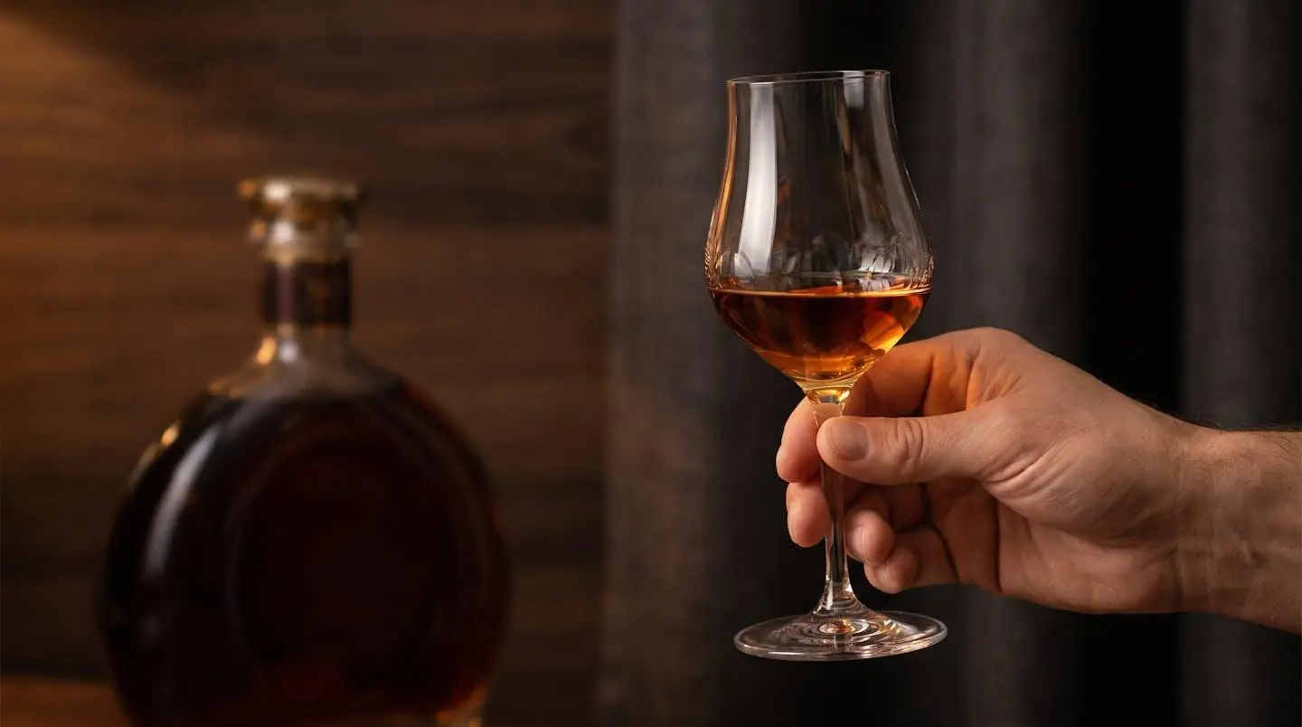 Verre tulipe en cristal contenant cognac XO ambré aux reflets dorés, tenu délicatement par une main élégante, bouteille Hennessy Paradis floue en arrière-plan sur fond sombre