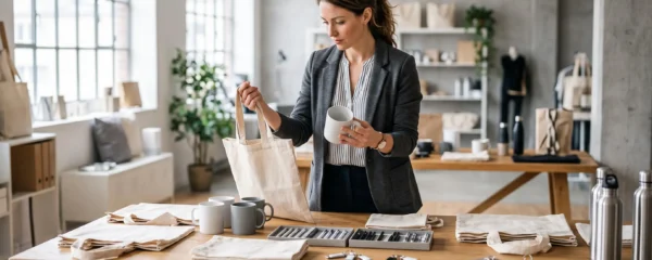 Une professionnelle examine une sélection d'objets publicitaires personnalisables, mug, tote bag et stylos, sur une table dans un showroom neutre.